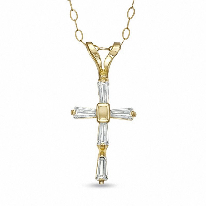 Child's Baguette Cubic Zirconia Cross Pendant in 14K Gold - 13"
