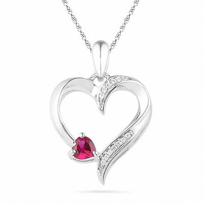 Heart-Shaped Lab-Created Ruby and Diamond Accent Heart Pendant in Sterling Silver|Peoples Jewellers