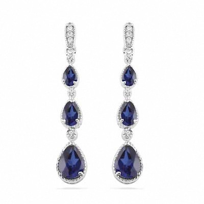 Pear-Shaped Blue Lab-Created Sapphire and Diamond Accent Drop Earrings in Sterling Silver