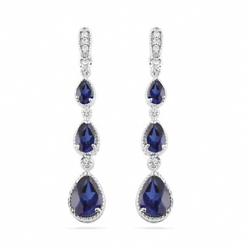 Main Image 1 of Pear-Shaped Blue Lab-Created Sapphire and Diamond Accent Drop Earrings in Sterling Silver