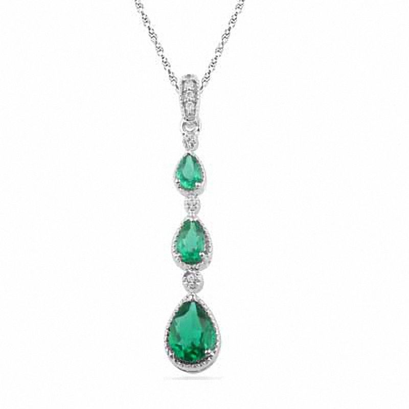 Pear-Shaped Lab-Created Emerald and Diamond Accent Drop Pendant in Sterling Silver|Peoples Jewellers