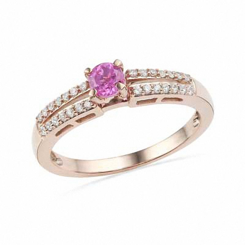Lab-Created Pink Sapphire and 0.12 CT. T.W. Diamond Promise Ring in 10K Rose Gold
