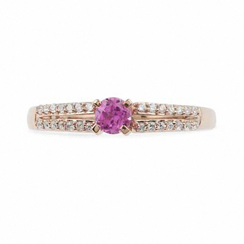 Main Image 2 of Lab-Created Pink Sapphire and 0.12 CT. T.W. Diamond Promise Ring in 10K Rose Gold