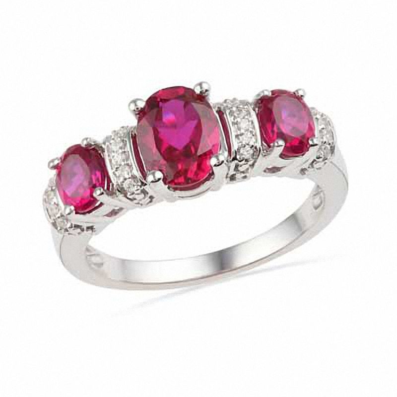 Oval Lab-Created Ruby and Diamond Accent Ring in Sterling Silver|Peoples Jewellers