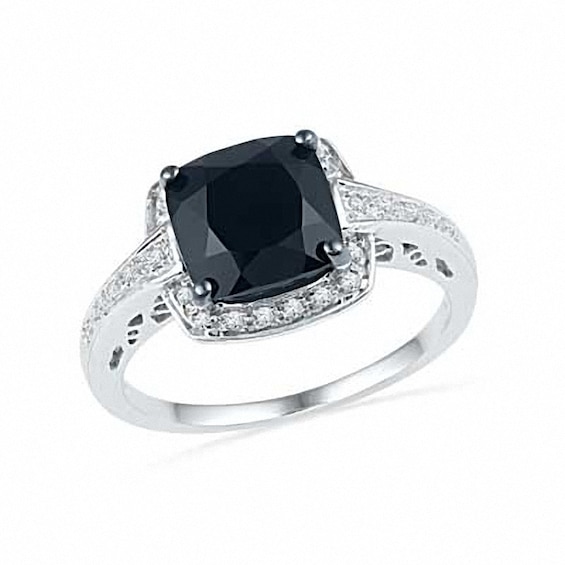 7.0mm Cushion-Cut Faceted Onyx and Diamond Accent Engagement Ring in ...