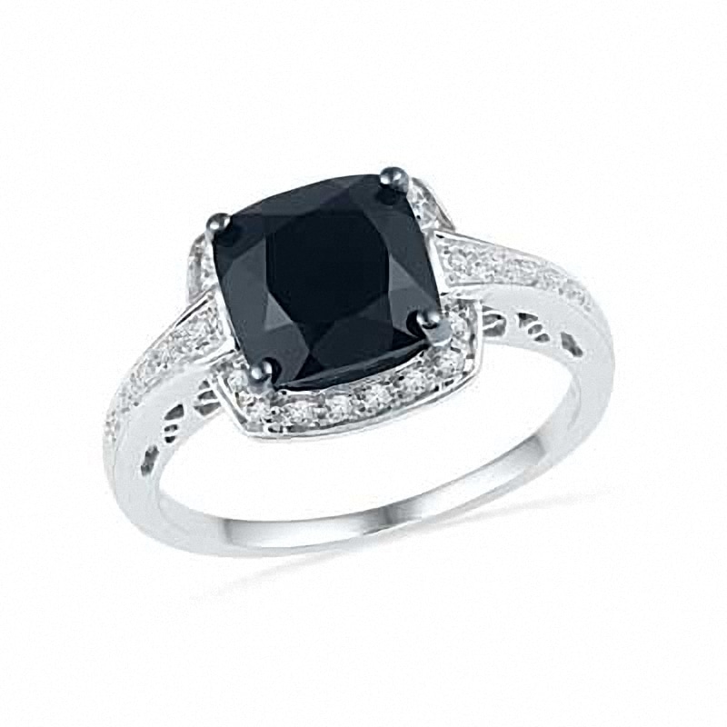 7.0mm Cushion-Cut Faceted Onyx and Diamond Accent Engagement Ring in Sterling Silver
