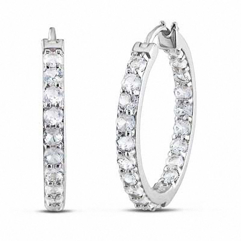 Platinum Sterling Silver White Sapphire Inside Out Design Oval Hoop Earrings