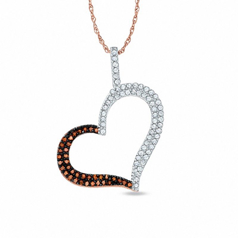 0.31 CT. T.W. Enhanced Champagne and White Diamond Tilted Heart Pendant in 10K Rose Gold