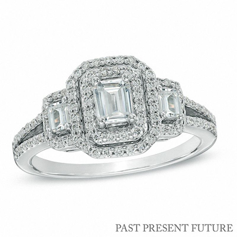 0.95 CT. T.W. Emerald-Cut Diamond Double Frame Past Present Future Ring in 14K White Gold