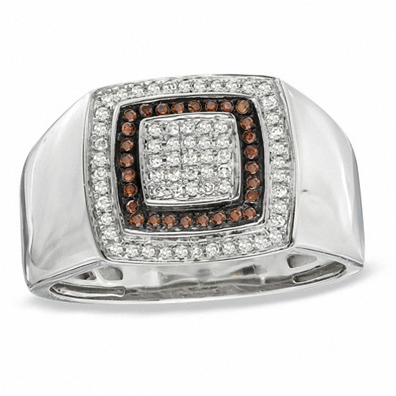 Men's 0.30 CT. T.W. Enhanced Cognac and White Diamond Frame Ring in 10K White Gold