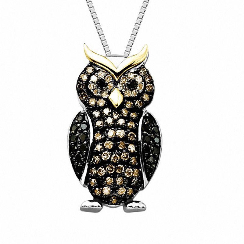 0.36 CT. T.W. Multi-Colour Diamond Owl Pendant in Sterling Silver and 14K Gold