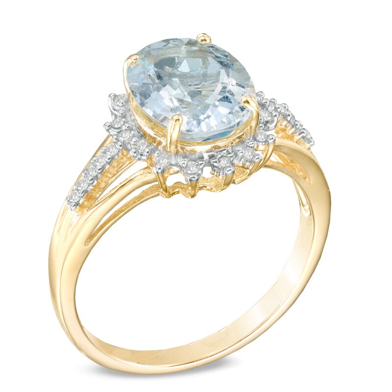 Main Image 2 of Oval Aquamarine and 0.11 CT. T.W. Diamond Ring in 10K Gold