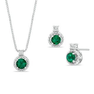 Lab-Created Emerald and Diamond Accent Pendant and Earrings Set in Sterling Silver