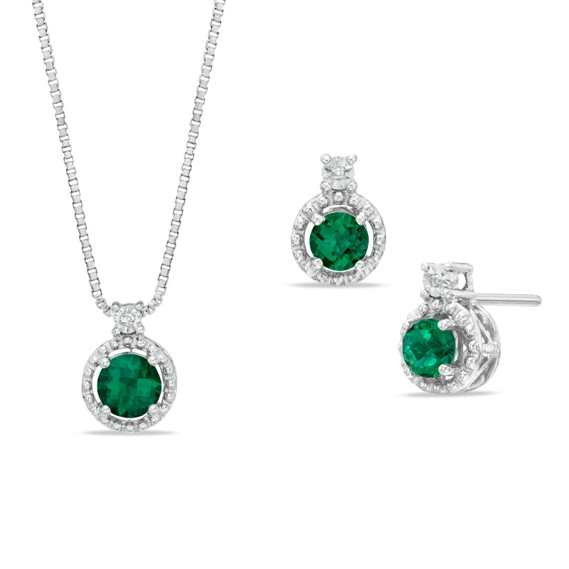 Main Image 1 of Lab-Created Emerald and Diamond Accent Pendant and Earrings Set in Sterling Silver