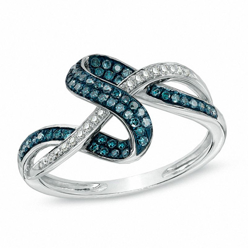 Main Image 1 of 0.22 CT. T.W. Enhanced Blue and White Diamond Abstract Knot Ring in 10K White Gold