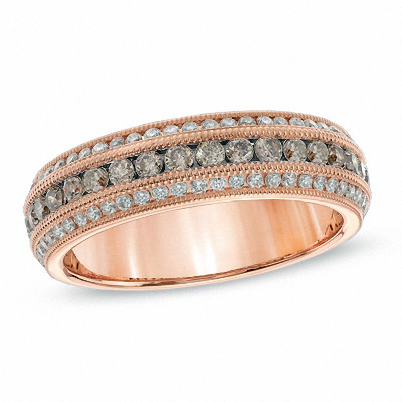Main Image 1 of 0.75 CT. T.W. Champagne and White Diamond Three Row Vintage-Style Anniversary Band in 14K Rose Gold