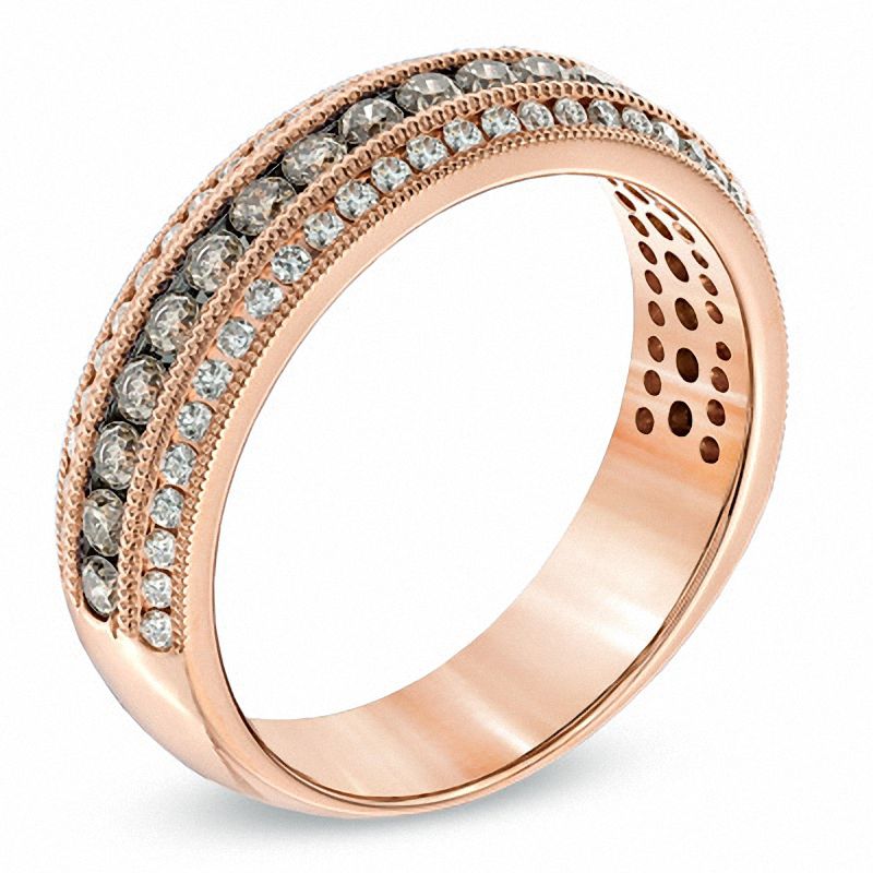 0.75 CT. T.W. Champagne and White Diamond Three Row Vintage-Style Anniversary Band in 14K Rose Gold