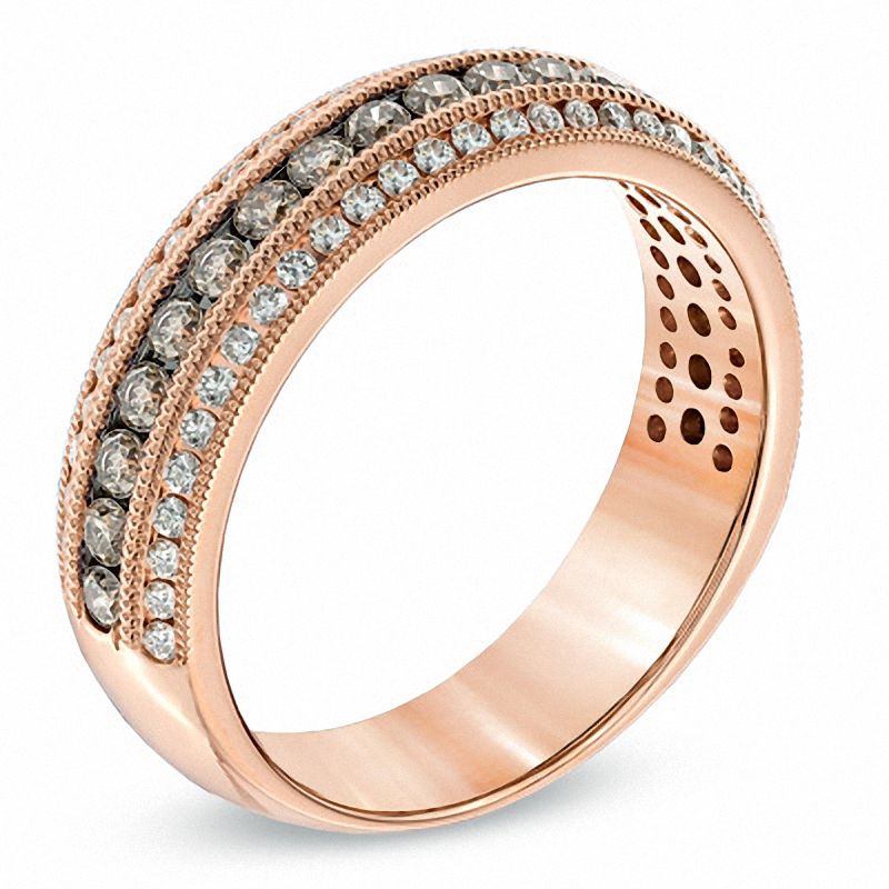 Main Image 2 of 0.75 CT. T.W. Champagne and White Diamond Three Row Vintage-Style Anniversary Band in 14K Rose Gold