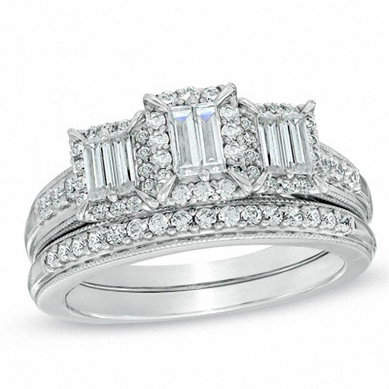 Main Image 1 of 0.75 CT. T.W. Baguette Diamond Three Stone Bridal Set in 14K White Gold