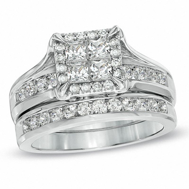 CT. T.W. Princess-Cut Quad Diamond Frame Bridal Set in 14K White Gold|Peoples Jewellers