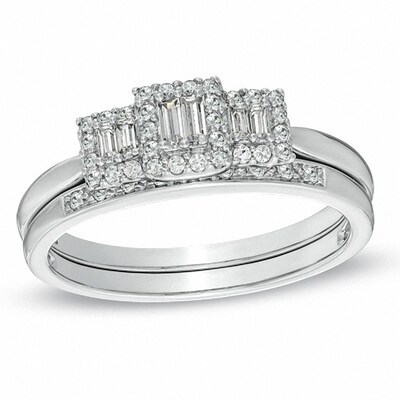 0.20 CT. T.W. Baguette Diamond Three Stone Frame Ring in 10K White Gold