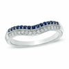 Thumbnail Image 1 of 0.10 CT. T.W. Diamond and Blue Sapphire Vintage-Style Contour Wedding Band in 14K White Gold