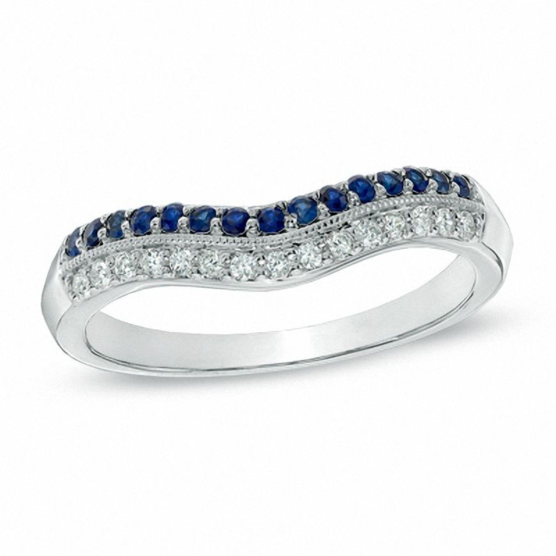 0.10 CT. T.W. Diamond and Blue Sapphire Vintage-Style Contour Wedding Band in 14K White Gold