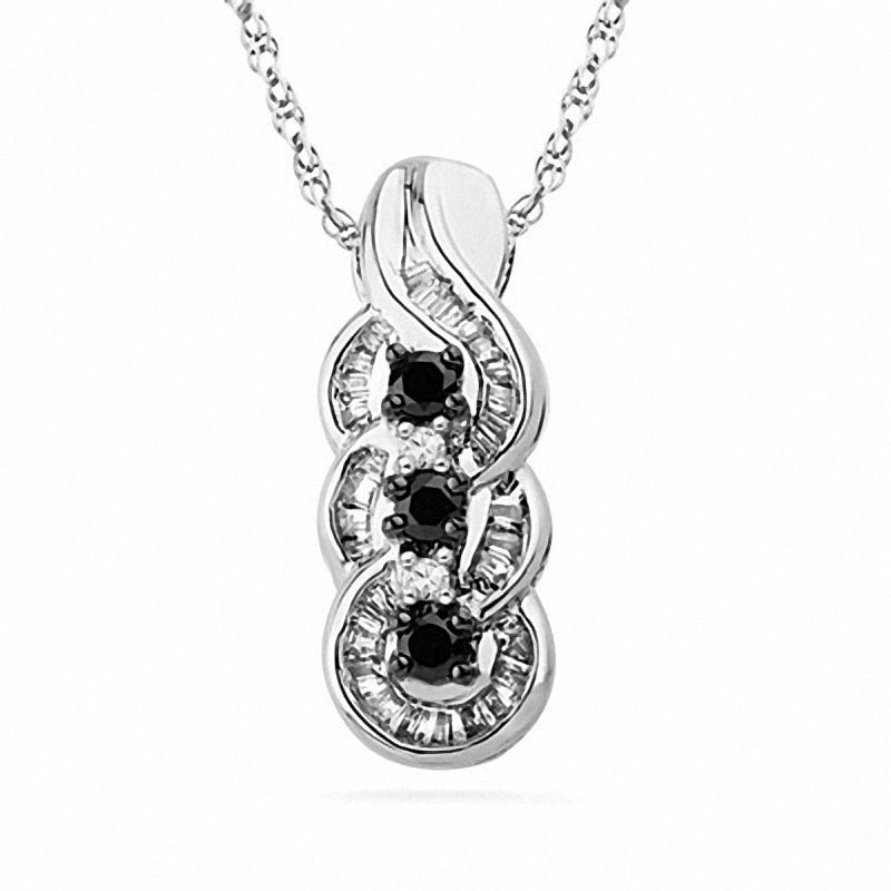 0.75 CT. T.W. Enhanced Black and White Diamond Three Stone Swirl Drop Pendant in Sterling Silver