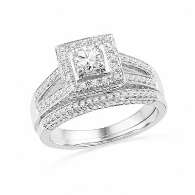 1.00 CT. T.W. Diamond Square Frame Split Shank Bridal Set in 14K White Gold