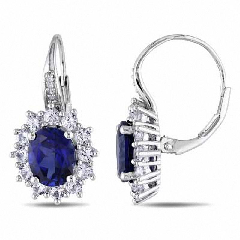 Oval Blue and White Lab-Created Sapphire with Diamond Accent Sunburst Frame Earrings in Sterling Silver|Peoples Jewellers