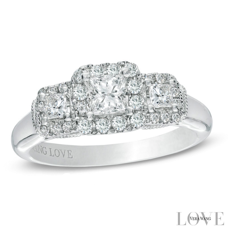 Vera Wang Love Collection 0.70 CT. T.W. Princess-Cut Diamond Three Stone Engagement Ring in 14K White Gold