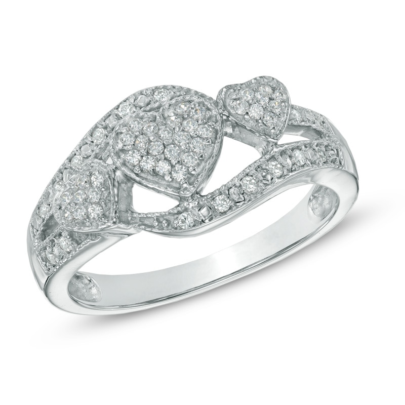 Main Image 1 of 0.25 CT. T.W. Princess-Cut Diamond Triple Heart Ring in Sterling Silver