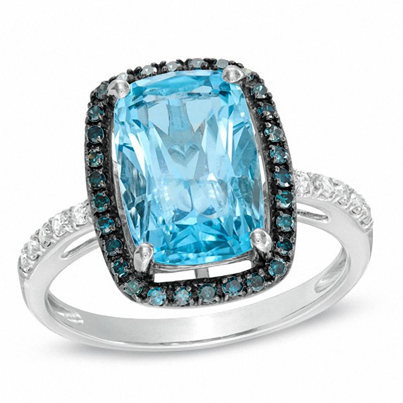 Cushion-Cut Swiss Blue Topaz and 0.24 CT. T.W. Enhanced Blue and White Diamond Ring in 10K White Gold