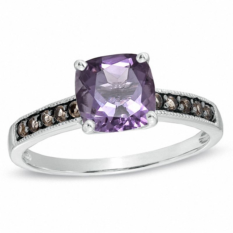 Main Image 1 of 7.0mm Cushion-Cut Amethyst and Smoky Quartz Frame Ring in 10K Gold