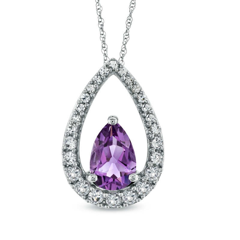 Pear-Shaped Amethyst and White Lab-Created Sapphire Pendant in Sterling Silver