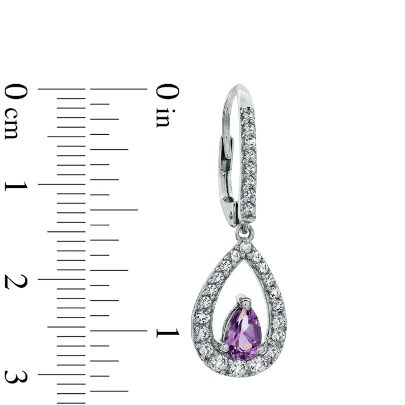 Main Image 2 of Pear-Shaped Amethyst and White Lab-Created Sapphire Earrings in Sterling Silver
