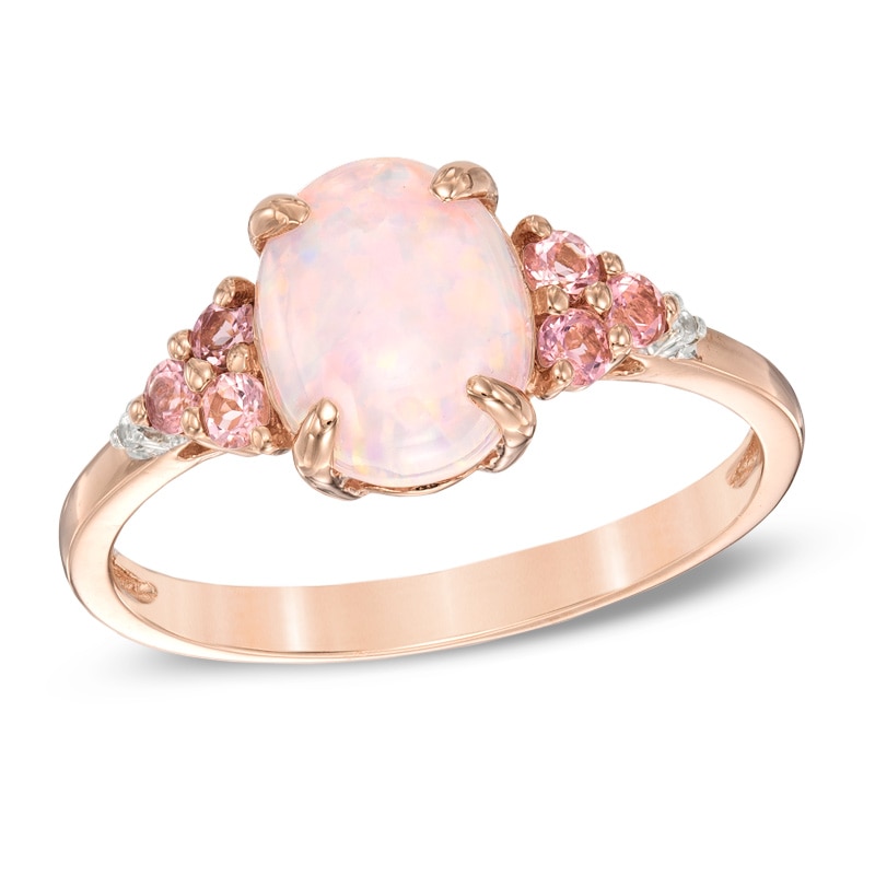 Main Image 1 of Lab-Created Opal, White Sapphire and Pink Tourmaline Ring in Sterling Silver with 14K Rose Gold Plate