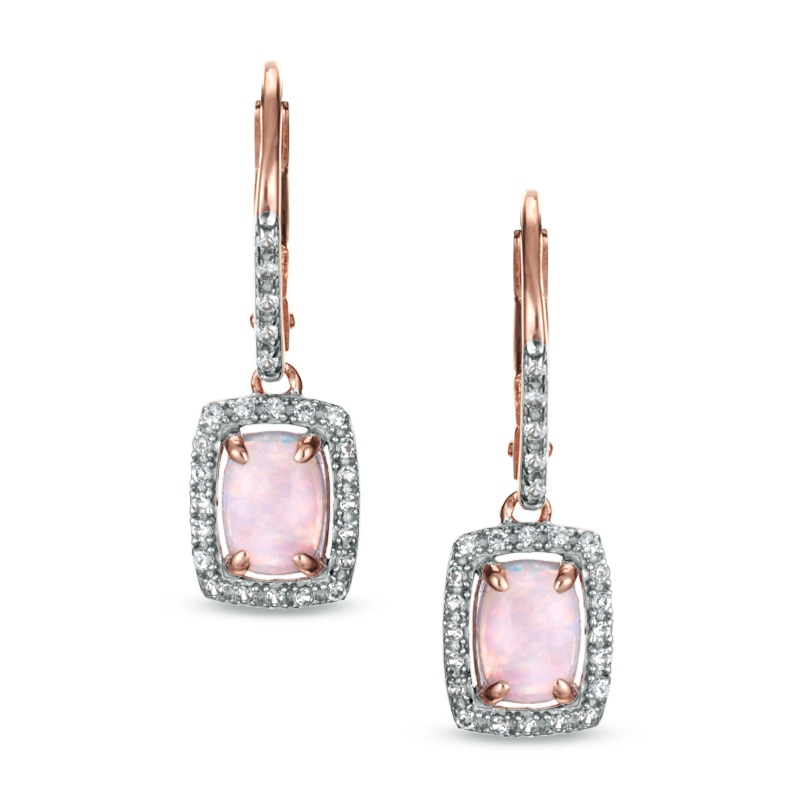 Cushion-Cut Lab-Created Opal and White Sapphire Earrings in Sterling Silver with 14K Rose Gold Plate