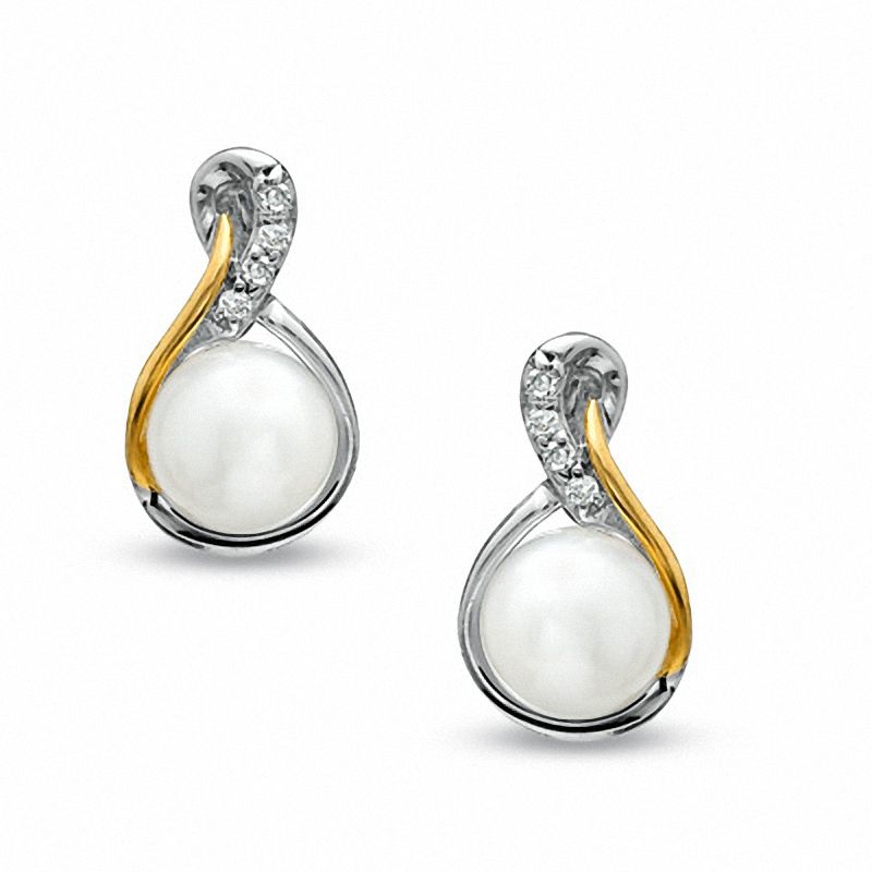 5.5 - 6.0mm Cultured Freshwater Pearl and Diamond Accent Earrings in Sterling Silver and 14K Gold Plate