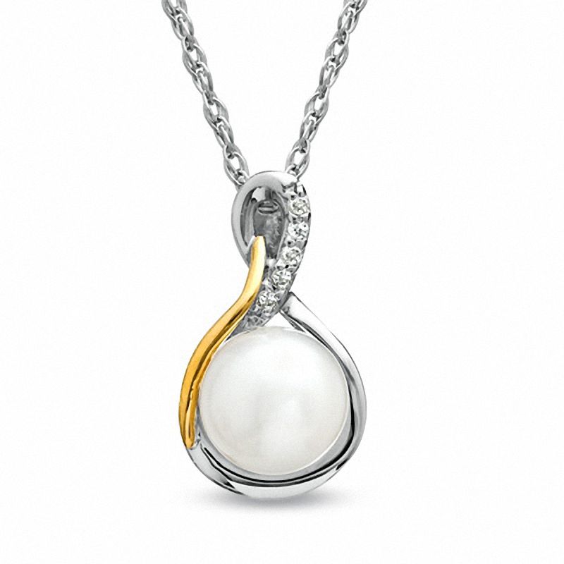 6.5 - 7.0mm Cultured Freshwater Pearl and Diamond Accent Pendant in Sterling Silver and 14K Gold Plate|Peoples Jewellers