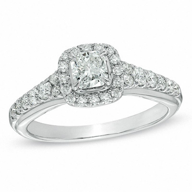 Main Image 1 of 1.00 CT. T.W. Certified Cushion-Cut Diamond Frame Engagement Ring in 14K White Gold (I/I1)