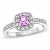 5.0mm Cushion-Cut Lab-Created Pink and White Sapphire Ring in 10K White Gold with Diamond Accents