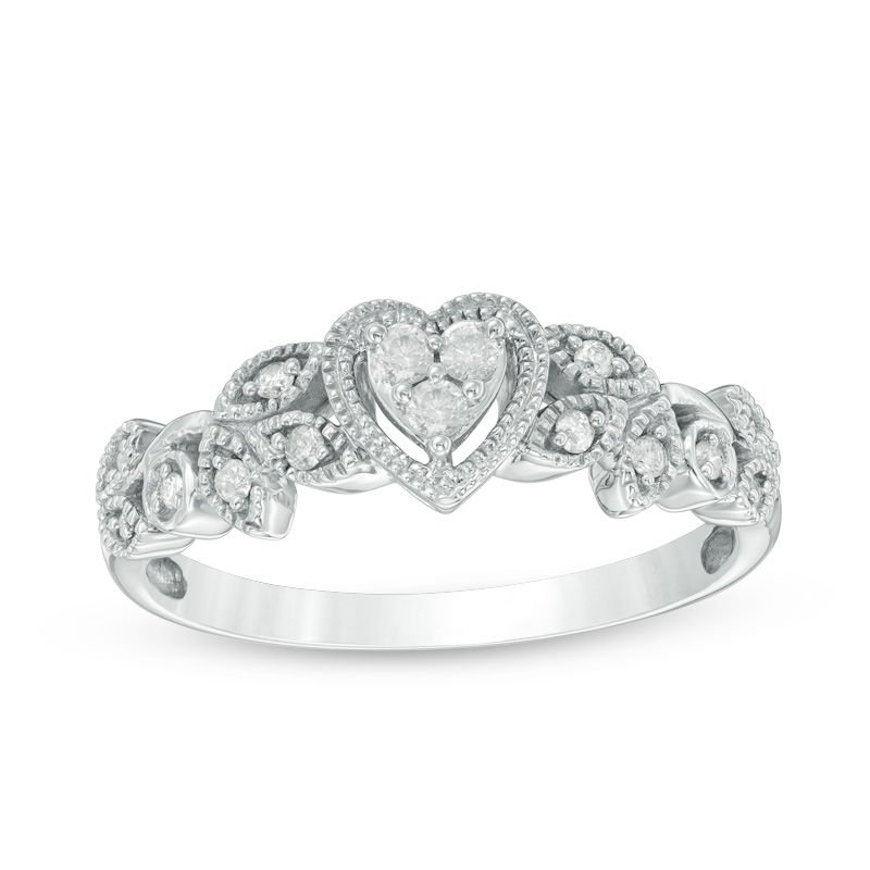 0.12 CT. T.W. Diamond Vintage-Style Heart Promise Ring in 10K White Gold