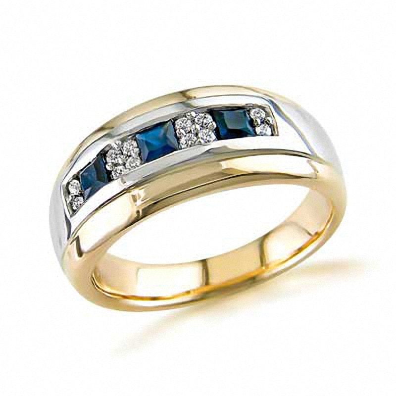 Men's Square-Cut Blue Sapphire and 0.15 CT. T.W. Diamond Ring in 14K Two-Tone Gold