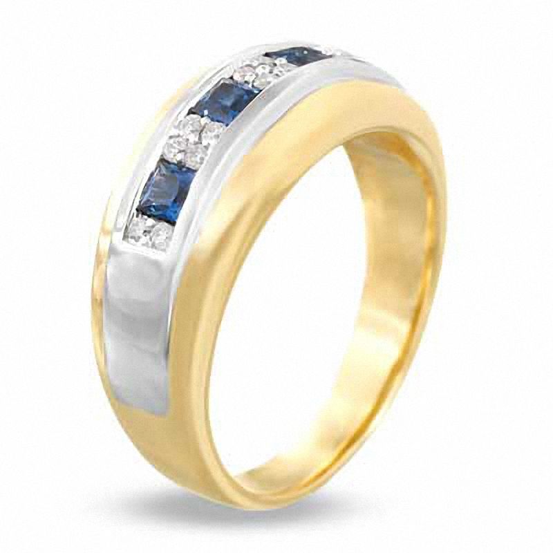 Men's Square-Cut Blue Sapphire and 0.15 CT. T.W. Diamond Ring in 14K Two-Tone Gold