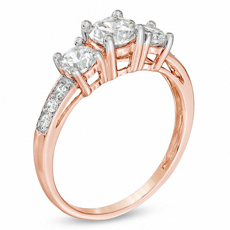 Lab-Created White Sapphire Three Stone Ring in 10K Rose Gold
