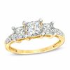Thumbnail Image 1 of Princess-Cut White Lab-Created Sapphire Three Stone Ring in 10K Gold