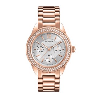 Ladies' Bulova Crystal Collection Rose-Tone Chronograph Watch with Silver-Tone Dial (Model: 97N101)
