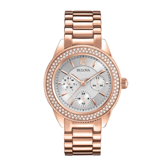 Ladies' Bulova Crystal Collection Rose-Tone Chronograph Watch with Silver-Tone Dial (Model: 97N101)