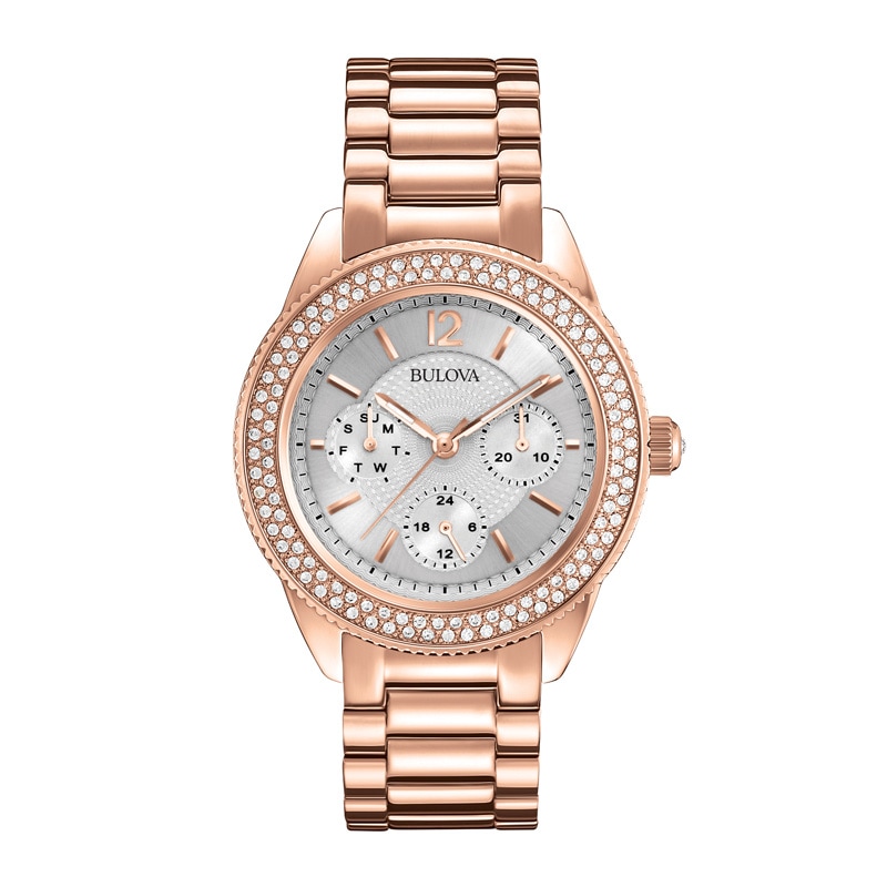 Ladies' Bulova Crystal Collection Rose-Tone Chronograph Watch with Silver-Tone Dial (Model: 97N101)|Peoples Jewellers